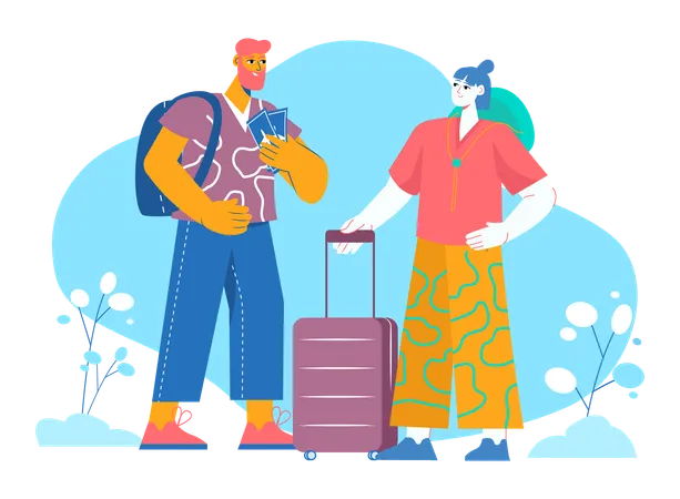 Homme barbe et jeune femme partant en voyage  Illustration