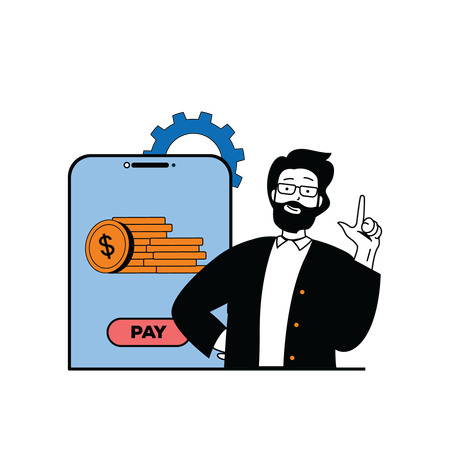 Homme barbe montrant le processus de paiement en ligne  Illustration