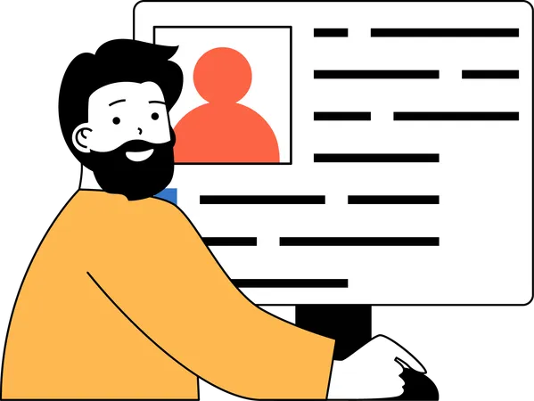 Homme barbu regardant le profil d'un employé en ligne  Illustration