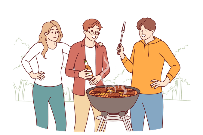 Soirée barbecue dans le jardin pour les amis ou les voisins, grillant de la viande et buvant de la bière  Illustration