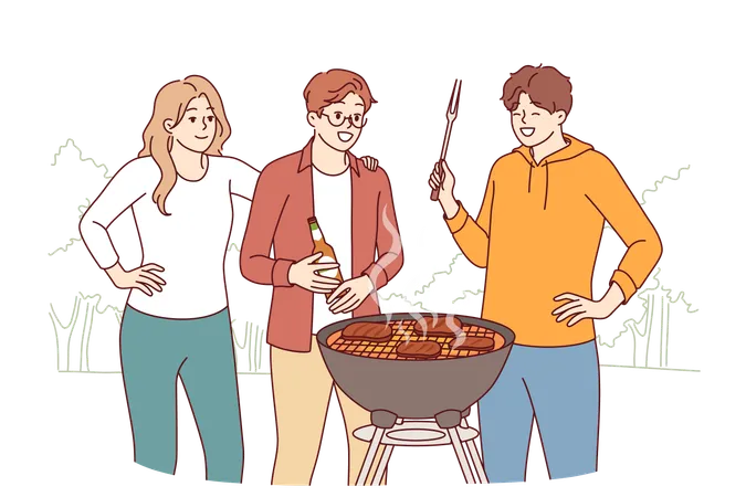 Soirée barbecue dans le jardin pour les amis ou les voisins, grillant de la viande et buvant de la bière  Illustration