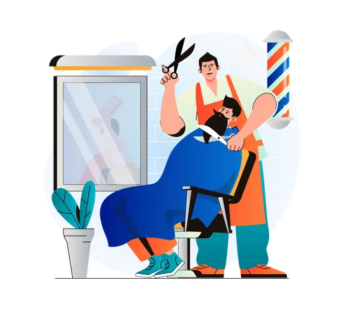 Conceito De Barbearia Em Design Plano Moderno Cabeleireiro Cortando O Cabelo Do Cliente E Fazendo A Barba No Salao Masculino Homem Sentado Na Cadeira Cuidados Profissionais Com Os Cabelos E Penteado Elegante Ilustracao Vetorial Ilustração