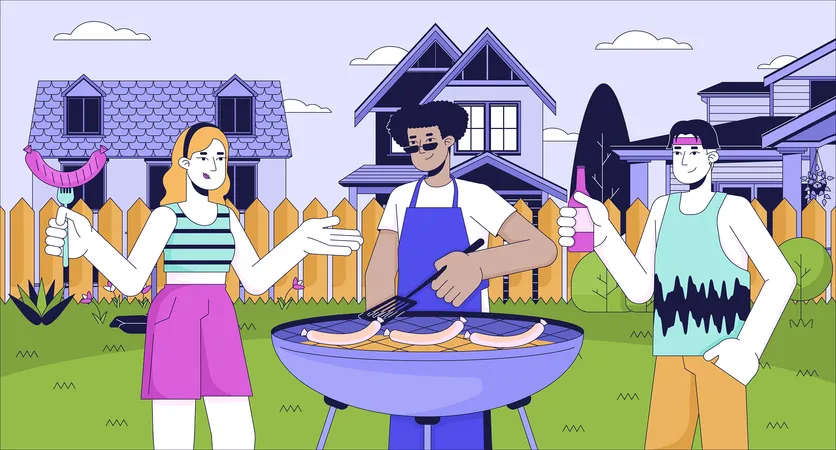 Barbeque With Neighbors Cartoon Flat Illustration Positive Friends Grilling Sausages On Brazier 2 D Line Characters Colorful Background Weekend Outdoor Cooking Party Scene Vector Storytelling Image Illustration