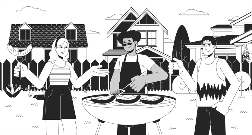 Barbeque With Neighbors Black And White Line Illustration Positive Friends Grilling Sausages On Brazier 2 D Characters Monochrome Background Weekend Outdoor Cooking Party Outline Scene Vector Image Illustration