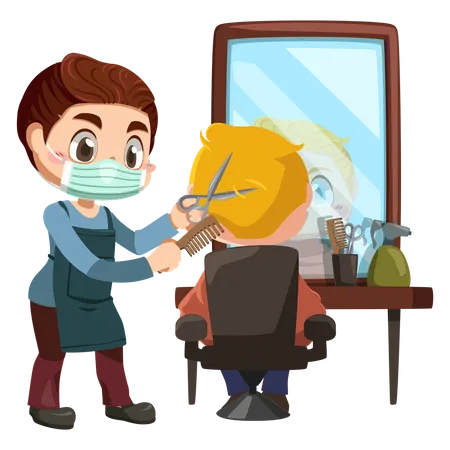Set Of Young Professional Barber Making Haircut To A Client With Scissors At Barbershop In Cartoon Character And Difference Action Isolated Vector Illustration Illustration