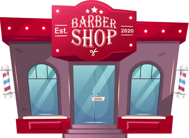 Barber Shop Front Cartoon Vector Illustration Grooming Store Exterior Barbershop Building With Signboard Flat Color Object Hairdresser Place Entrance Isolated On White Background 일러스트레이션