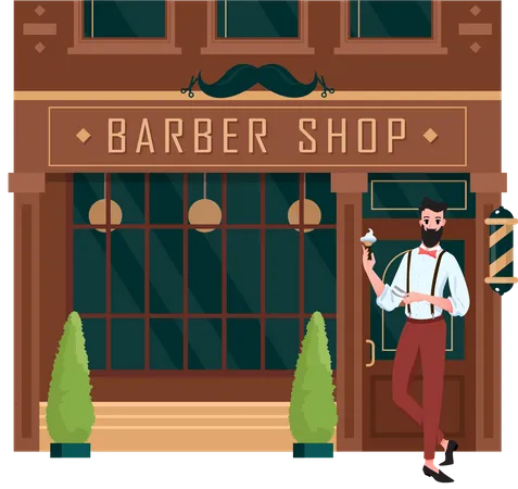 Barber welcoming customer to shop  Illustration