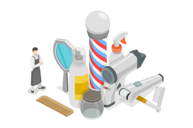 3 D Isometric Flat Vector Set Of Barber Equipment Beard Or Mustache Shave And Haircut Illustration