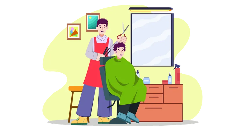 Peluquero cortando el pelo del cliente  Ilustración