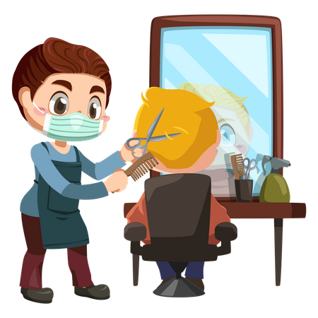 Barbero haciendo corte de pelo al cliente  Ilustración