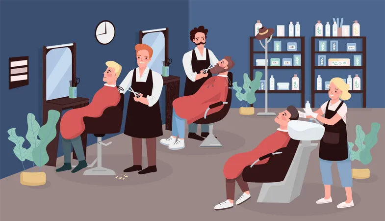 Barbershop Flat Color Vector Illustration Barber Service Hairdressing Men Beauty Salon Caucasian Hairdressers Doing Male Haircut 2 D Cartoon Characters With Furniture On Background Illustration