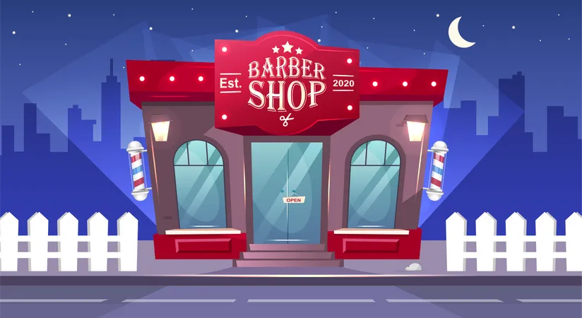 Barbershop Front At Night Flat Color Vector Illustration Hairdresser Store Entrance Barber Shop Brick Building Exterior Nighttime 2 D Cartoon Cityscape With Sidewalk On Background イラスト