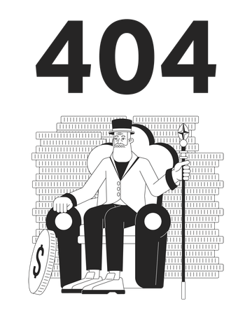 Velho empresário barbudo entre mensagem flash de erro 404 de moedas  Ilustração