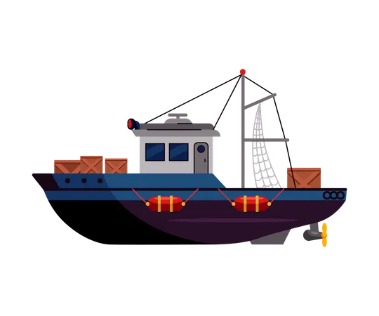 Barco De Pesca Traineira De Pesca Comercial Para Pesca Industrial De Ilustracao Vetorial De Producao De Frutos Do Mar Conjunto De Pequeno Navio Marinho Barco De Pesca Maritima Ou Oceanica Ilustração