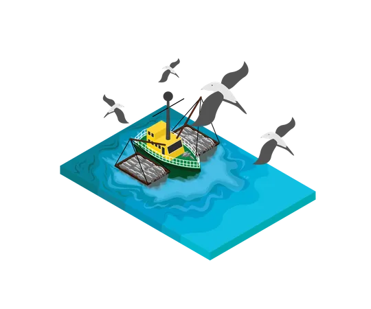 Ilustracion De Un Barco Pesquero En Medio Del Mar Con Un Monton De Peces En Estilo Isometrico Ilustración