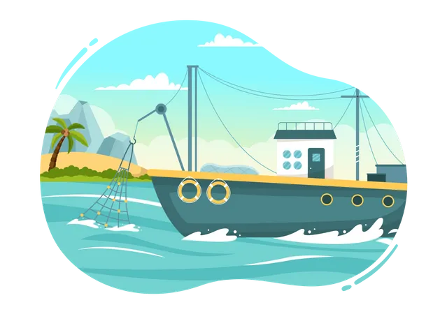 Ilustracion De Un Barco Pesquero Con Pescadores Cazando Peces Usando Un Barco Para Banner Web O Pagina De Destino En Plantillas Vectoriales Dibujadas A Mano De Dibujos Animados Planos Ilustración