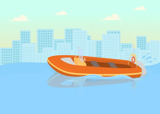 Ilustracao Vetorial De Cor Plana Do Barco Da Guarda Costeira Verificando O Litoral Para Ajudar As Pessoas Transporte De Oficiais De Praia Para Ajudar Pessoas Em Desenho Animado 2 D Com Cidade Grande Em Segundo Plano Ilustração