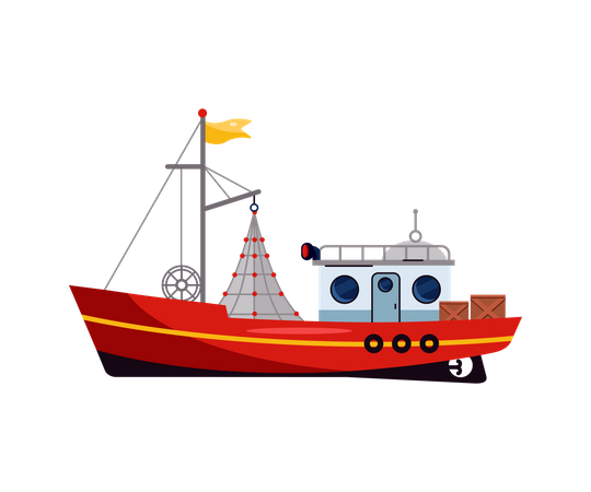 Pequeño barco marino, barco pesquero de mar o océano  Ilustración