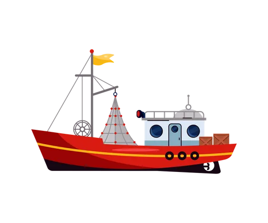 Pequeño barco marino, barco pesquero de mar o océano  Ilustración