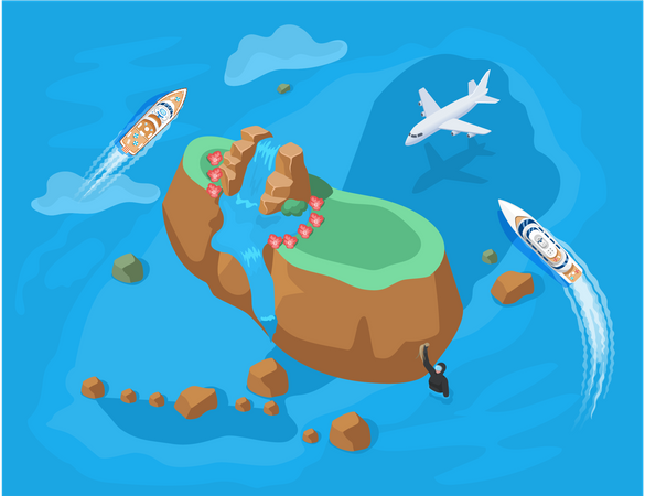 Barco navegando cerca de una isla tropical  Ilustración