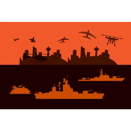 Barcos militares están en el mar  Ilustración