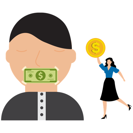 Bargeld bedeckt Geschäftsfrau Mund kaufen Schweigen sagen ihm, er solle den Mund halten  Illustration
