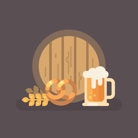 Tonneau de bière, bretzel, blé et chope de bière  Illustration