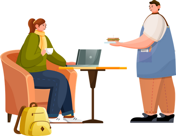 Barista Bring Sandwich for Woman in cafe  Illustration
