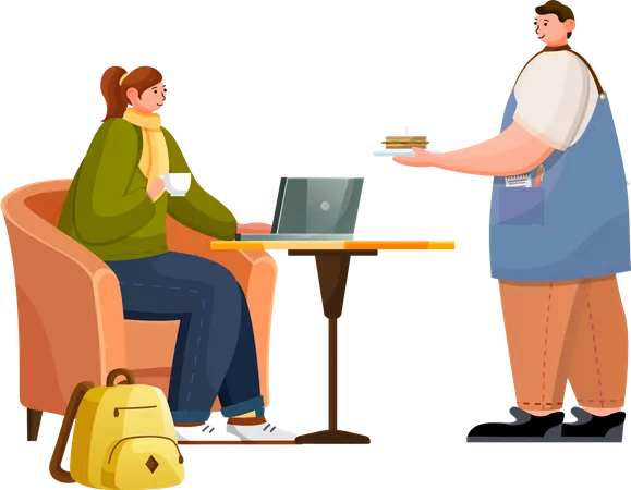 Barista Or Waiter Bring Sandwich For Woman Lady Drinking Hot Coffee Or Tea And Working On Laptop Armchair And Single Leg Table For Eating Place For Relax And Work In Cafeteria Vector Illustration Illustration