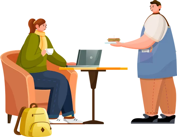 Barista Bring Sandwich for Woman in cafe  Illustration