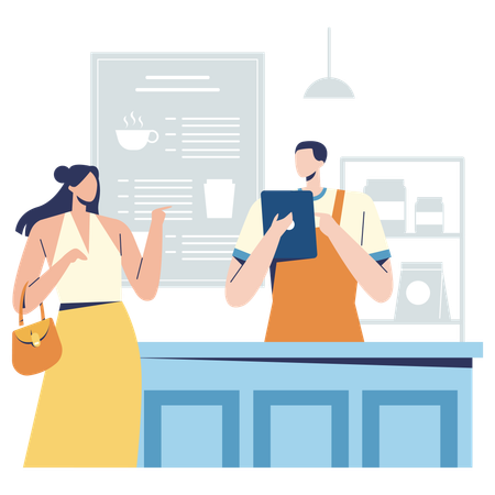 Barista confirma o menu do pedido com o cliente  Ilustração