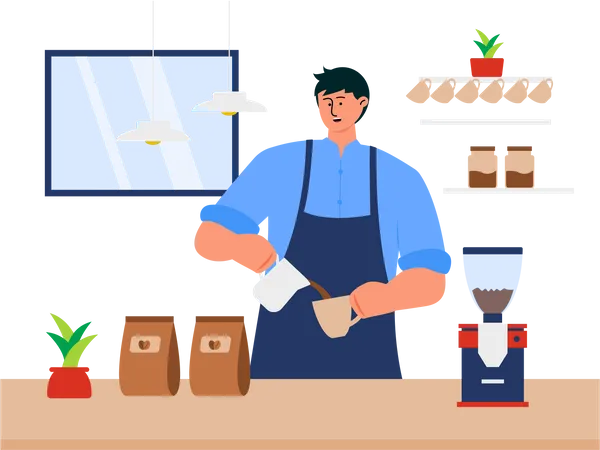 Barista faisant du café au café  Illustration