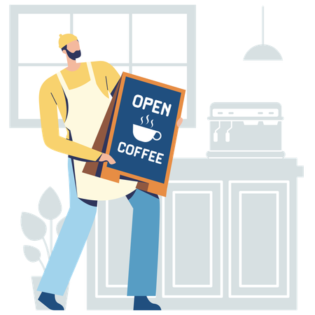 Barista holding open coffee Sign Board  Illustration