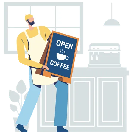 Barista holding open coffee Sign Board  Illustration