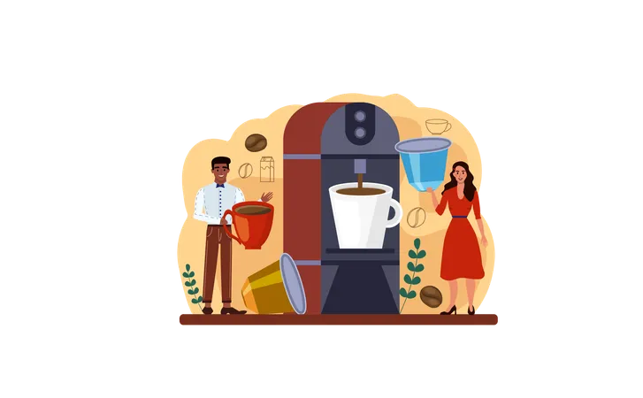 Coffee Machine Web Banner Or Landing Page Barista Making A Cup Of Hot Coffee On Capsule Coffee Machine Energetic Tasty Beverage For Breakfast Flat Vector Illustration Illustration