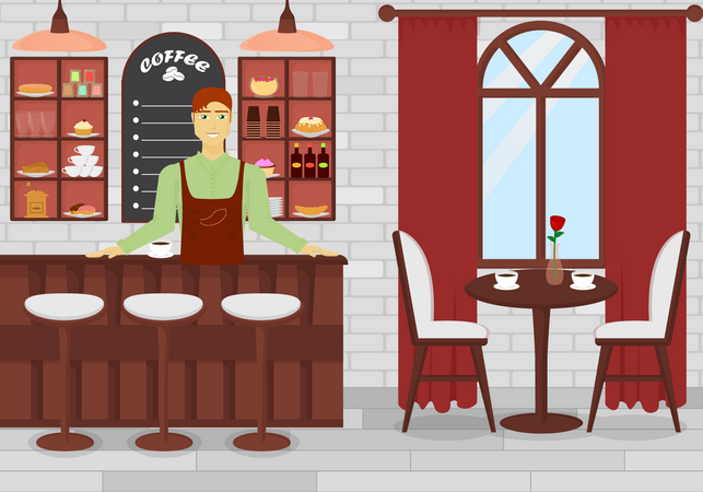 Barista masculino trabajando en la cafetería  Ilustración