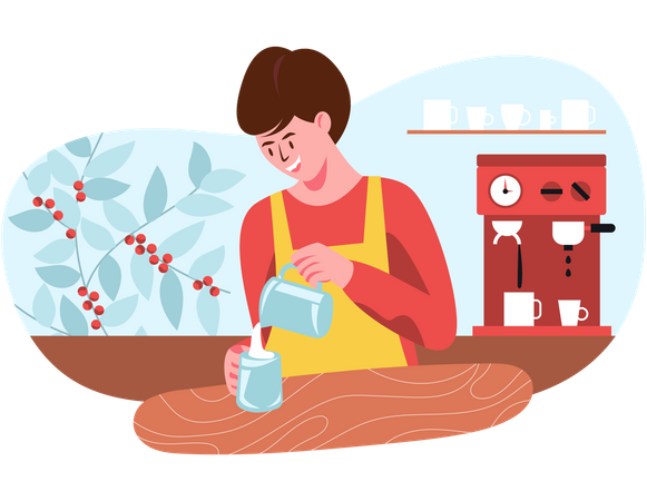 Barista preparando café com leite para clientes  Ilustração