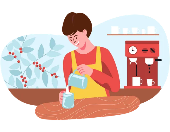 Barista preparando café com leite para clientes  Ilustração