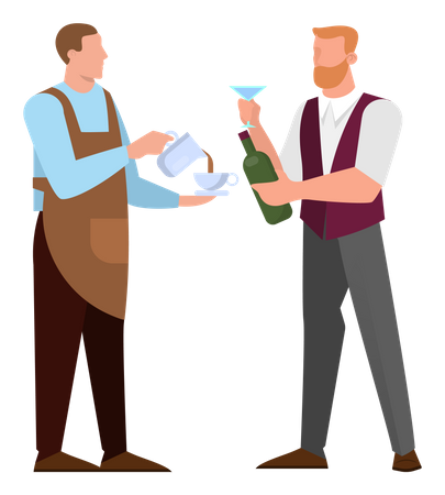 Barista serving coffee and barmen serving alcohol  Illustration