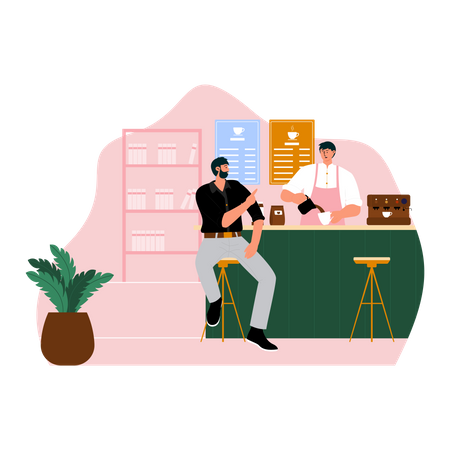Barista talking with customer while making coffee Illustration