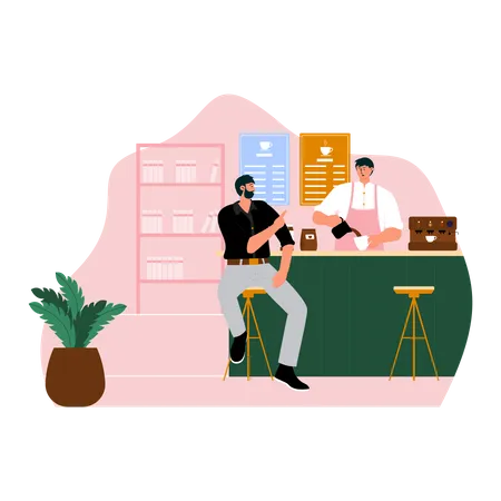 Barista talking with customer while making coffee Illustration