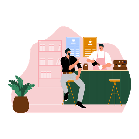 Barista talking with customer while making coffee  Illustration