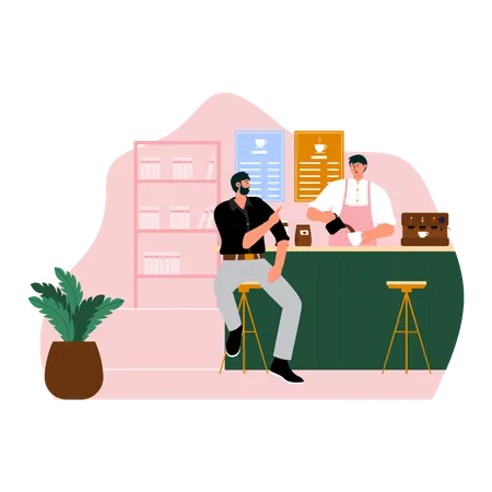 Barista talking with customer while making coffee  Illustration