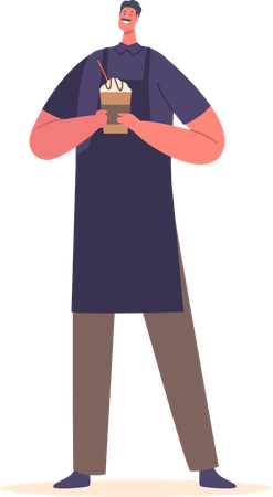 Barista trägt Schürze und hält frisch gebrühten Kaffee in den Händen  Illustration