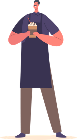 Barista Wearing Apron Holding Freshly Brewed Coffee Drink In Hands Illustration