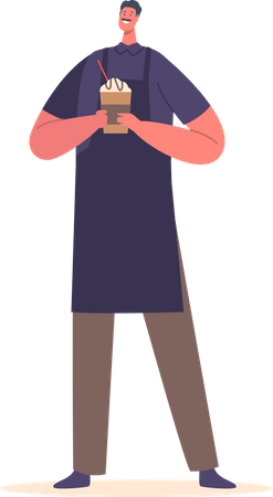 Barista Wearing Apron Holding Freshly Brewed Coffee Drink In Hands  Illustration