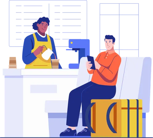 バリスタの従業員が食品配達員からの注文に応じる  イラスト