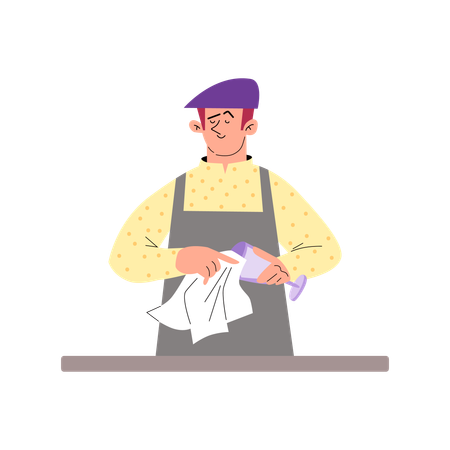 O barman atrás do balcão limpa o vidro  Ilustração