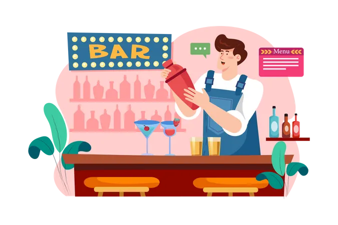 Barman de uniforme fazendo coquetéis  Ilustração