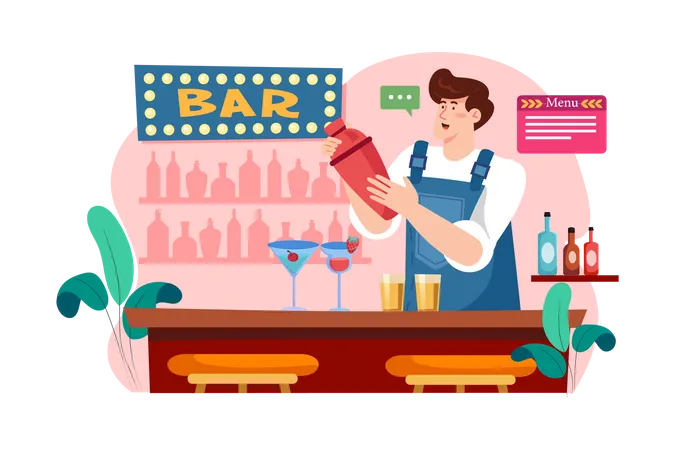 Barman en uniforme haciendo cócteles  Ilustración